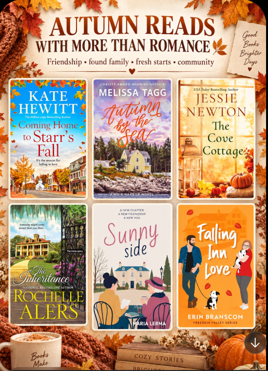Autumn Reads with More Than Romance: six books surrounded by fall leaves, pumpkins, and a warm knitted blanket