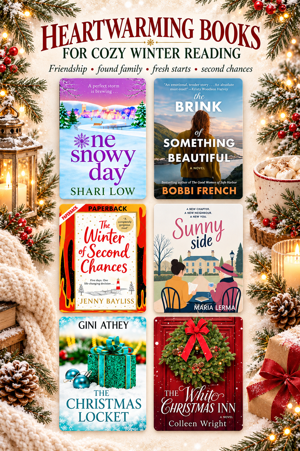 Six heartwarming books for cozy winter reading with evergreen branches, gifts, and winter decorations